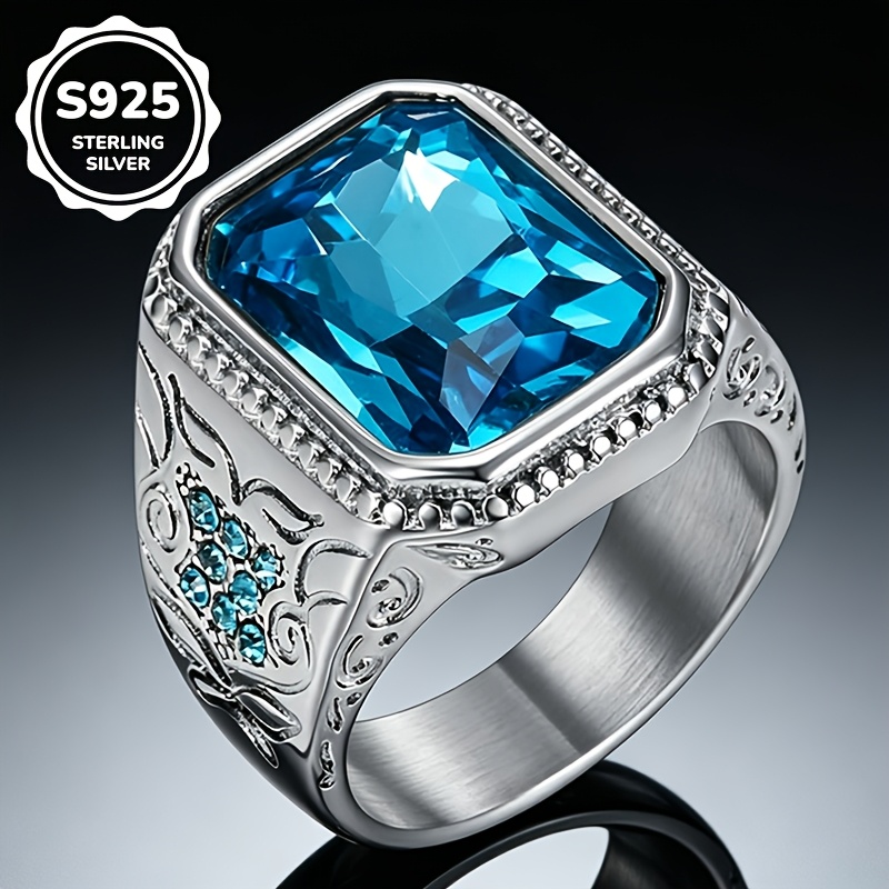 Image of 1pc S925 925 Silver Luxurious Fashion - Blue Synthetic Synthetic Synthetic Zircon​​ Ring, Unisex, High-quality Jewelry, Proposal Engagement Gift, Suitable For Daily Casual And Banquet Party Wear