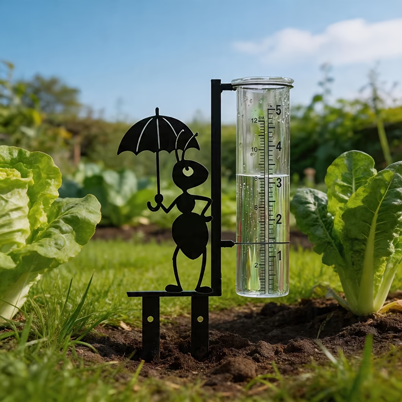 TEMU Metal Ant With Umbrella Rain Gauge, Outdoor Rain Gauge With Glass Measuring Cup, Suitable For Garden, Courtyard, Patio, And Lawn, With Large