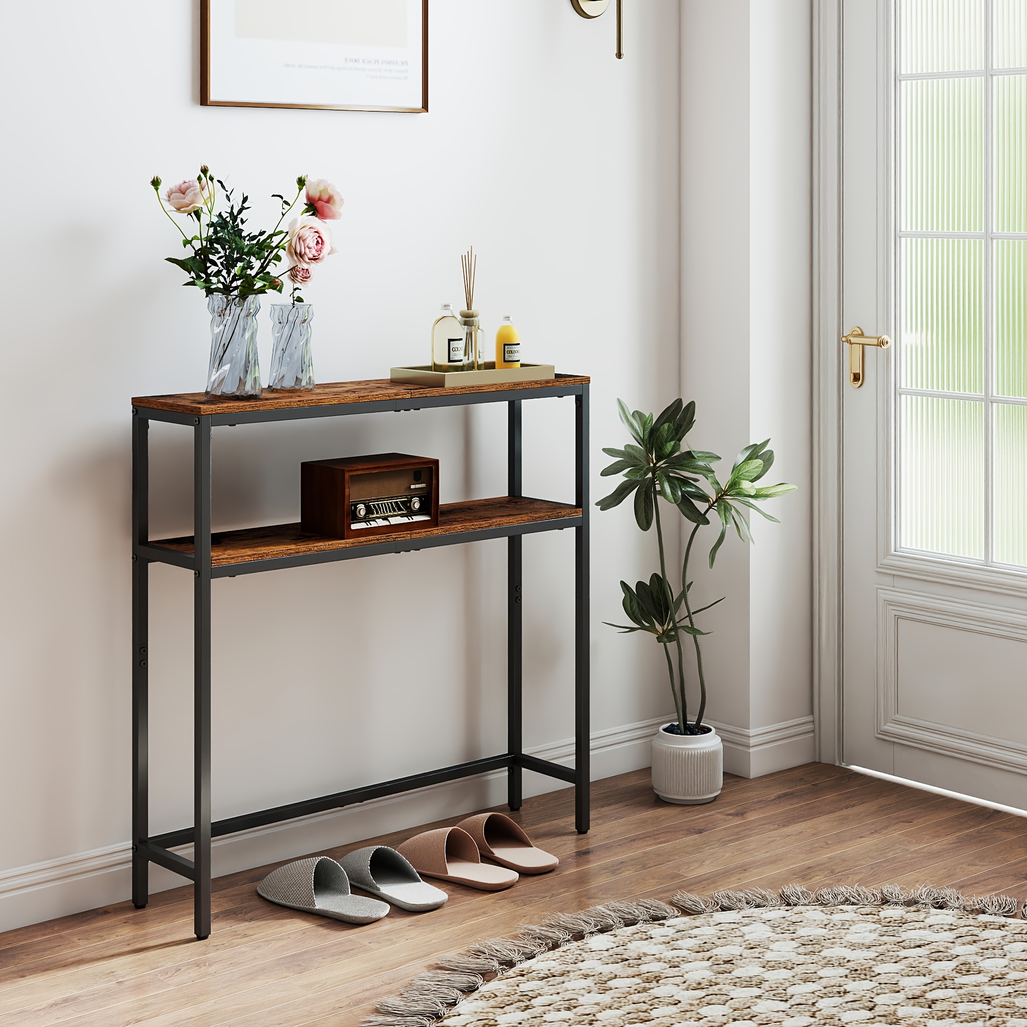 TEMU Table basse à niveaux, table d'entrée mince avec étagères, dimensions 20 X 80 X 80 cm, pour les salons, les couloirs et , en fin vintage