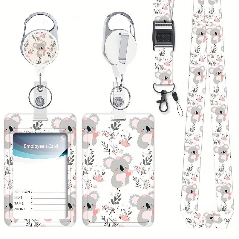 E-shop Bezaubernder Koala & Blumenmuster Ausweishalter mit Abnehmbarem Lanyard - Transparente Namensschildhülle, Einziehbarer Schlüsselanhänger Clip,