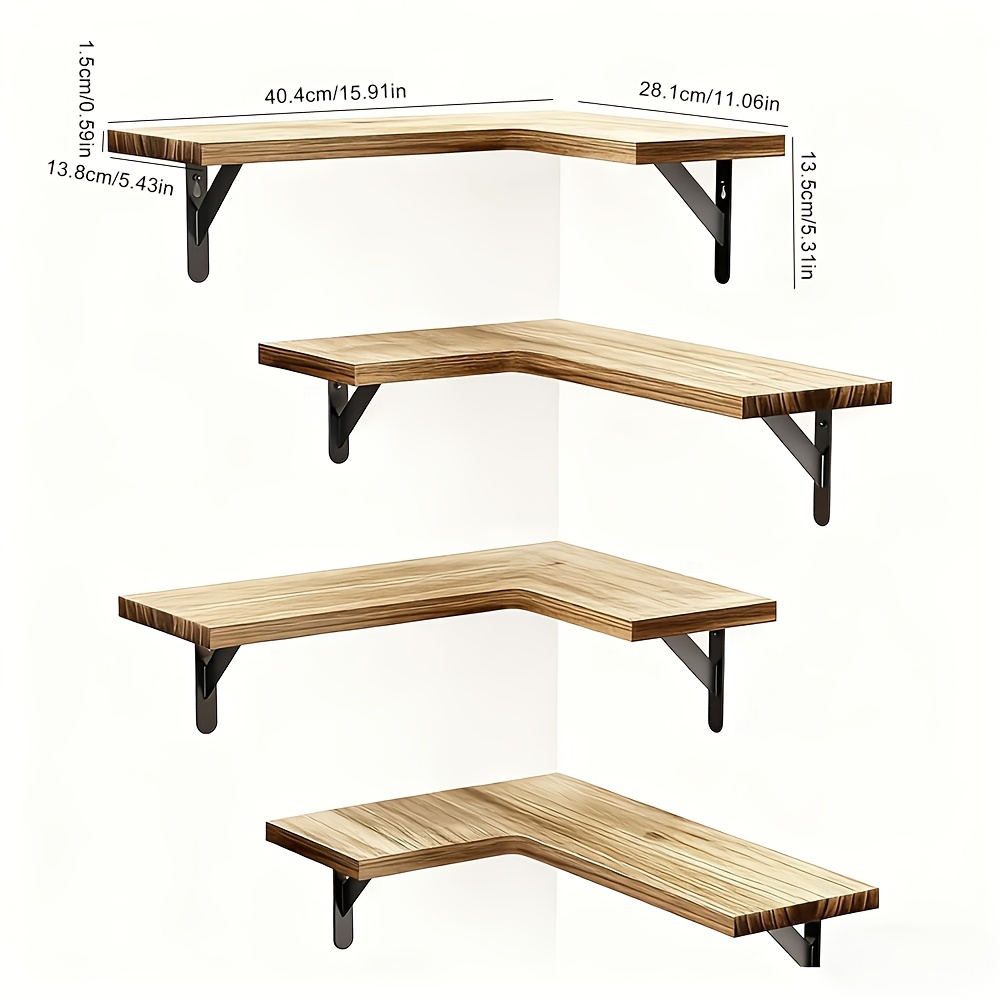 4pcs L-shaped Corner Floating Shelves, Wooden Wall Mount Corner Storage Shelves With Metal Brackets, Wall Display Racks For Kitchen, Bathroom & Living Room, Corner Shelves
