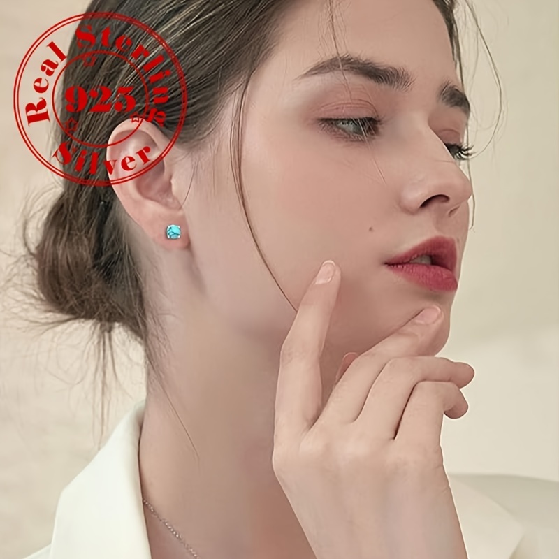 TEMU Pair Of S925 Pure Silvery Simple And Elegant Inlaid Irregular Pattern Turquoise Women's Earrings, Suitable For , Women's Jewelry Gift, Low Allergy, Silvery Weight 1.2g