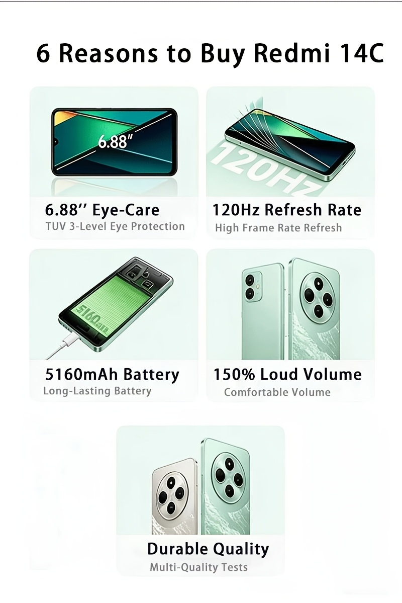 Xiaomi Redmi 14C 4G Мобилен телефон (6GB+128GB) 120Hz HD екран, 50MP AI двойна камера, 13MP HD основна камера, 6.88-инчов голям екран с защита на очите, голяма батерия 5160mAh, без зарядно устройство, азиатска версия