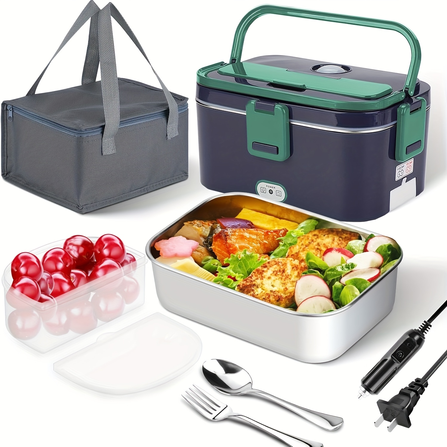 

Electric Lunch Box Food Heater, Electric Lunch Box For Adults, 100w High- Warmer, 12v 24v 110v 3 In1 Portable Microwave For Car And Home, With Detachable 304 Stainless Steel Container Fork And Spoon