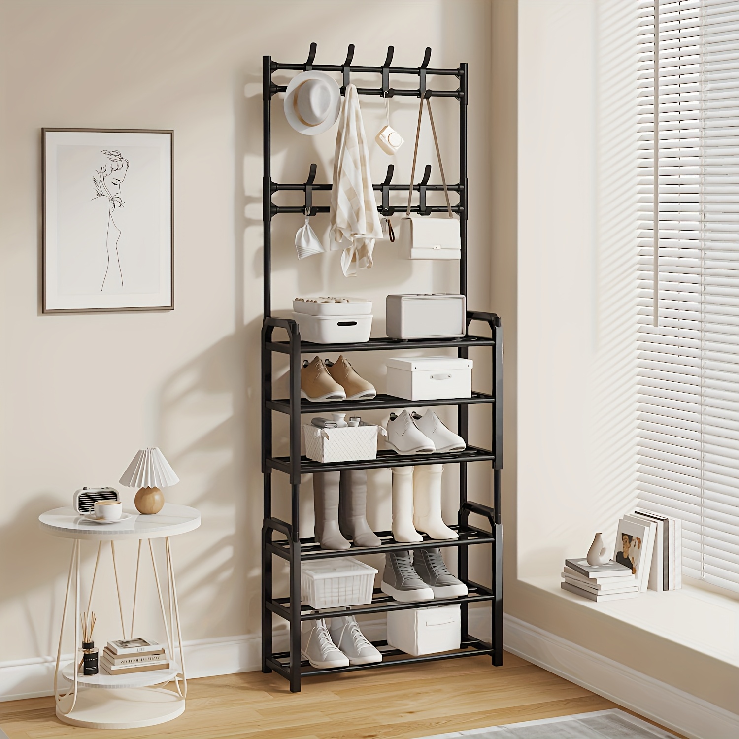 

Multi-functional Metal And Plastic Shoe And Hat Rack With 8 Hooks, 4/5 Storage - Ideal For Living Room, Doorway, Corner - Black, Shoes Storage Rack