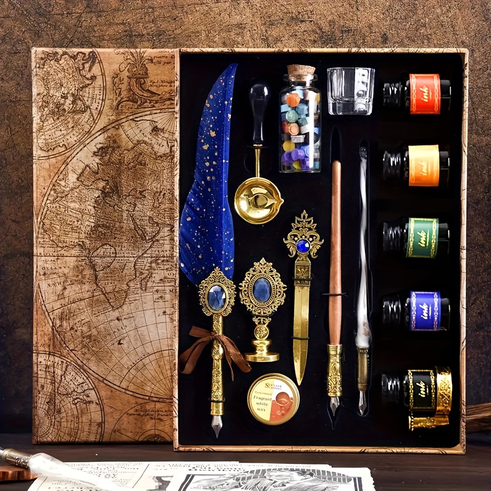 TEMU Halloween Gifts Vintage Pen Set Calligraphy Painting Pen Letter Opener Feather Pen Set Seal Wax Set Birthday And Holiday Gift, Back To