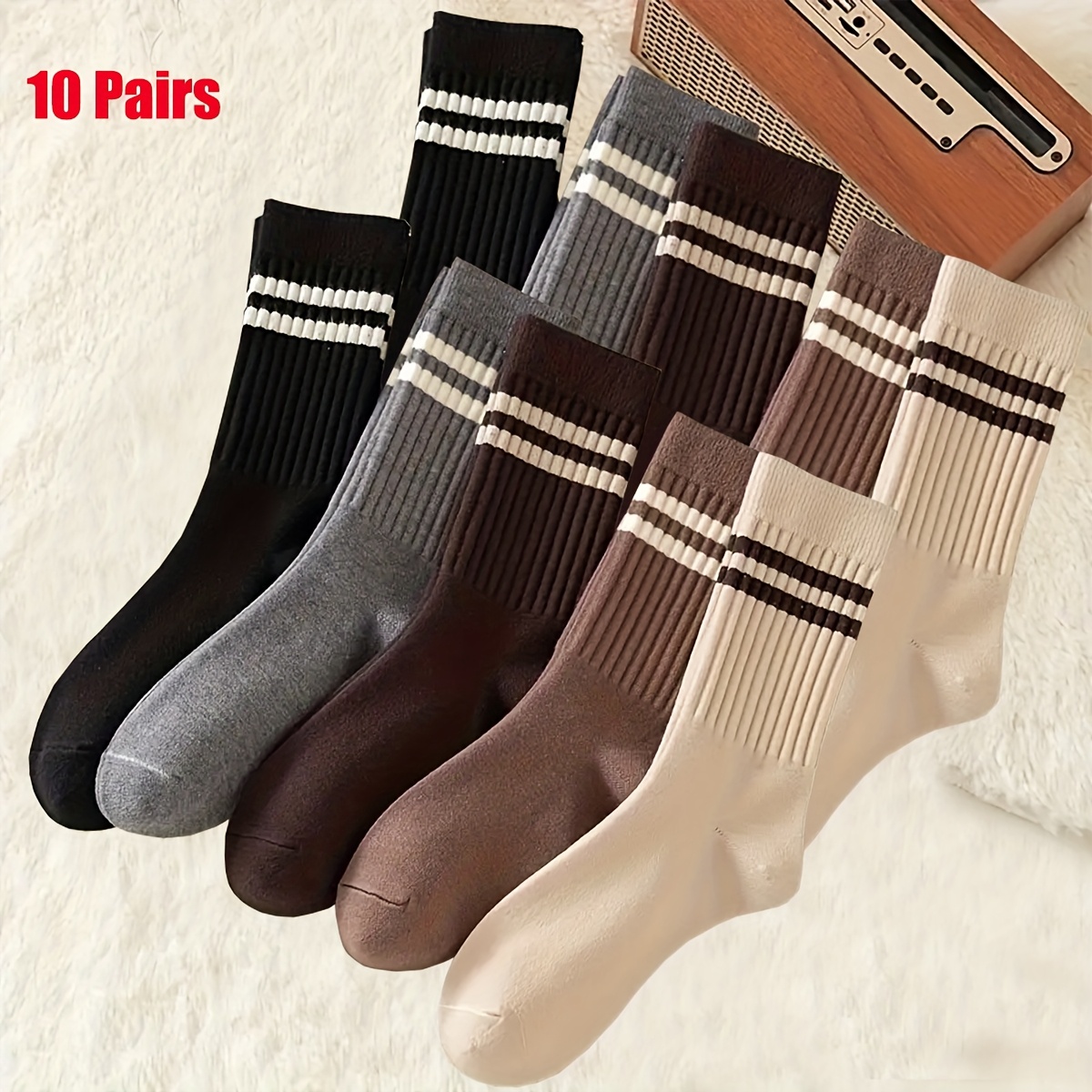 E-shop 10 Paar Herren Slim Fit Gestreifte Mid-Calf Socken - Beige und Braun Gestreiftes Muster, Wintersocken, Geeignet für Herbst und Winter,