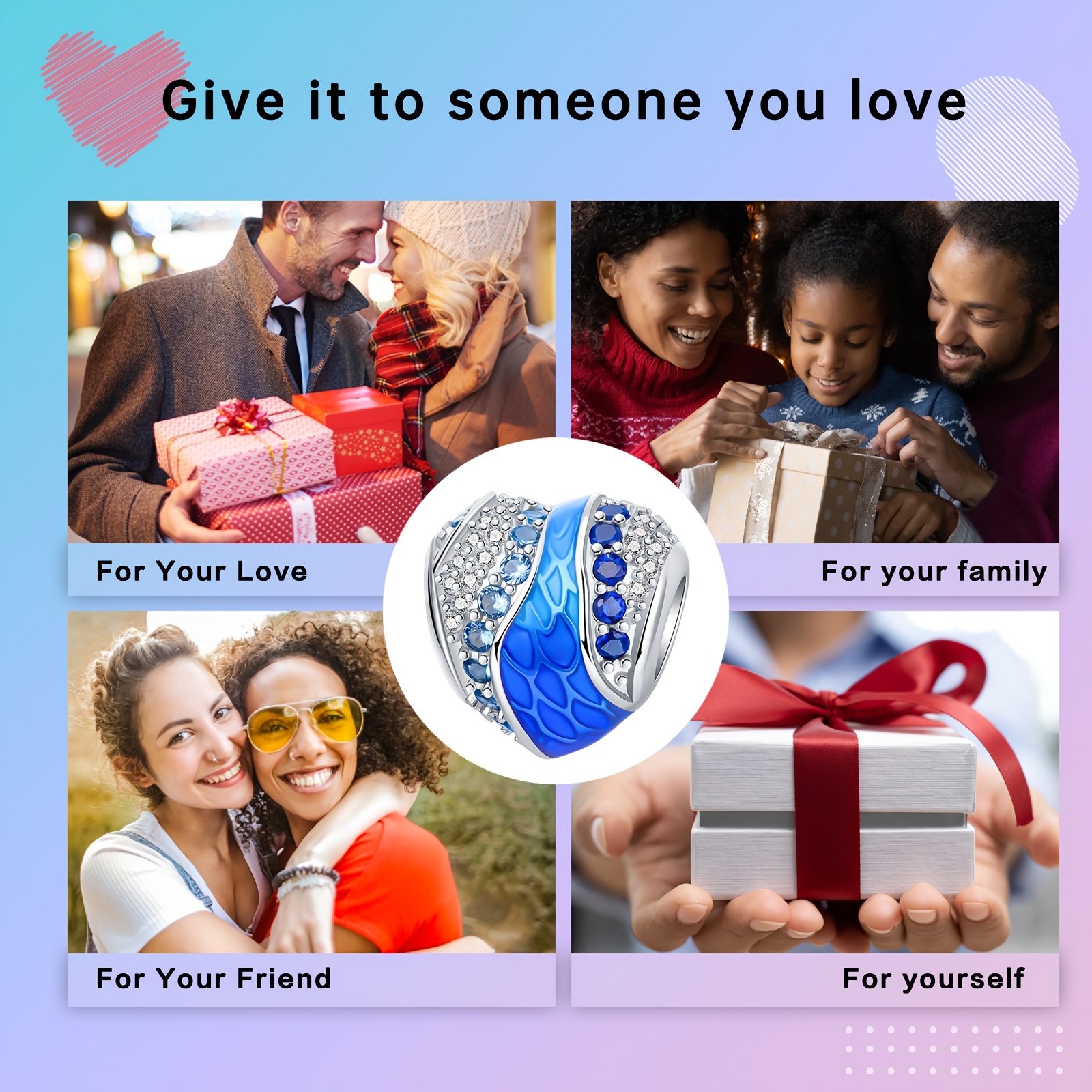 304 Stainless Steel Gradient Blue Heart Charm for DIY Bracelets