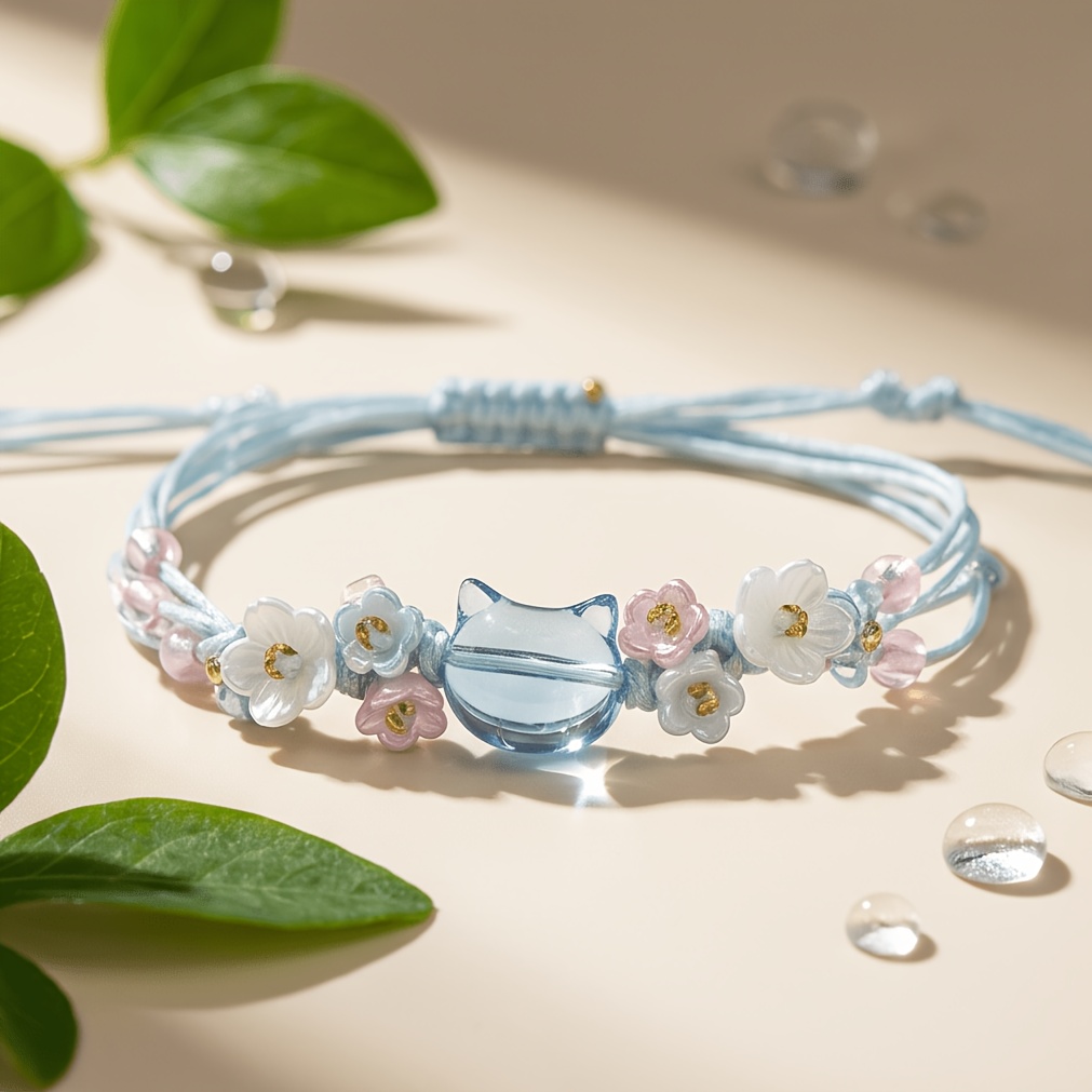 TEMU ハンドメイド 透明ブルー釉薬 猫の頭 ブレスレット ピンクブルー フラワーコード & 調節可能な手巻きルビーズ付き - 普段使い、パーティー、音ティバル、女性へのギフト、親友へのジュエリーに最適