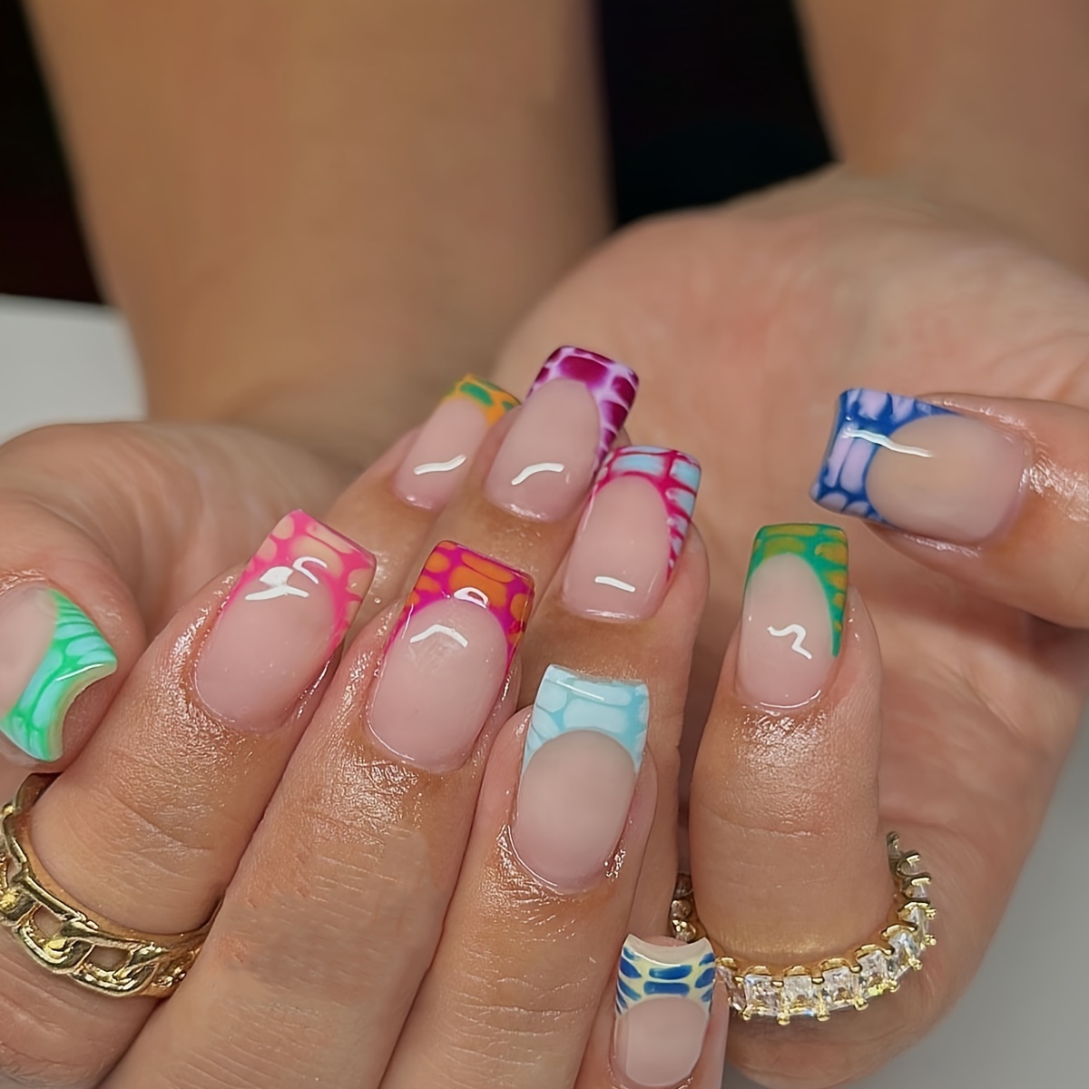 TEMU 24pcs French Cool Press-on Nail Set, Mixed , , Medium Length, Glossy Finish With Pure & Colorblock Patterns