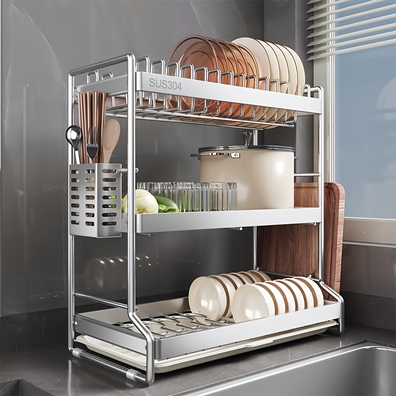 Stainless Steel Dish Rack, 2-Tier Kitchen Countertop Drainer with Utensil  Holder, Multifunctional Storage Organizer for Dishes, Cups, Cookware, SUS304