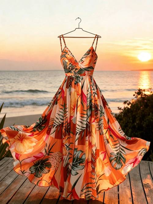 womens vacation casual full coverage tropical print spaghetti strap midi dress long waist cinching dress