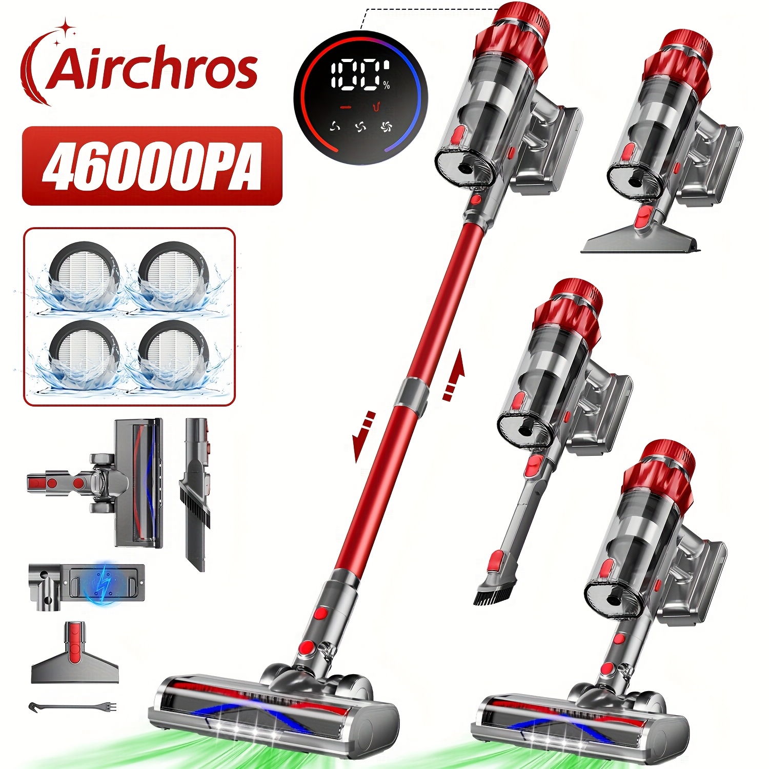 Airchros Snoerloze Stofzuiger, 38000pa/46000Pa Zuigkracht, LED Display