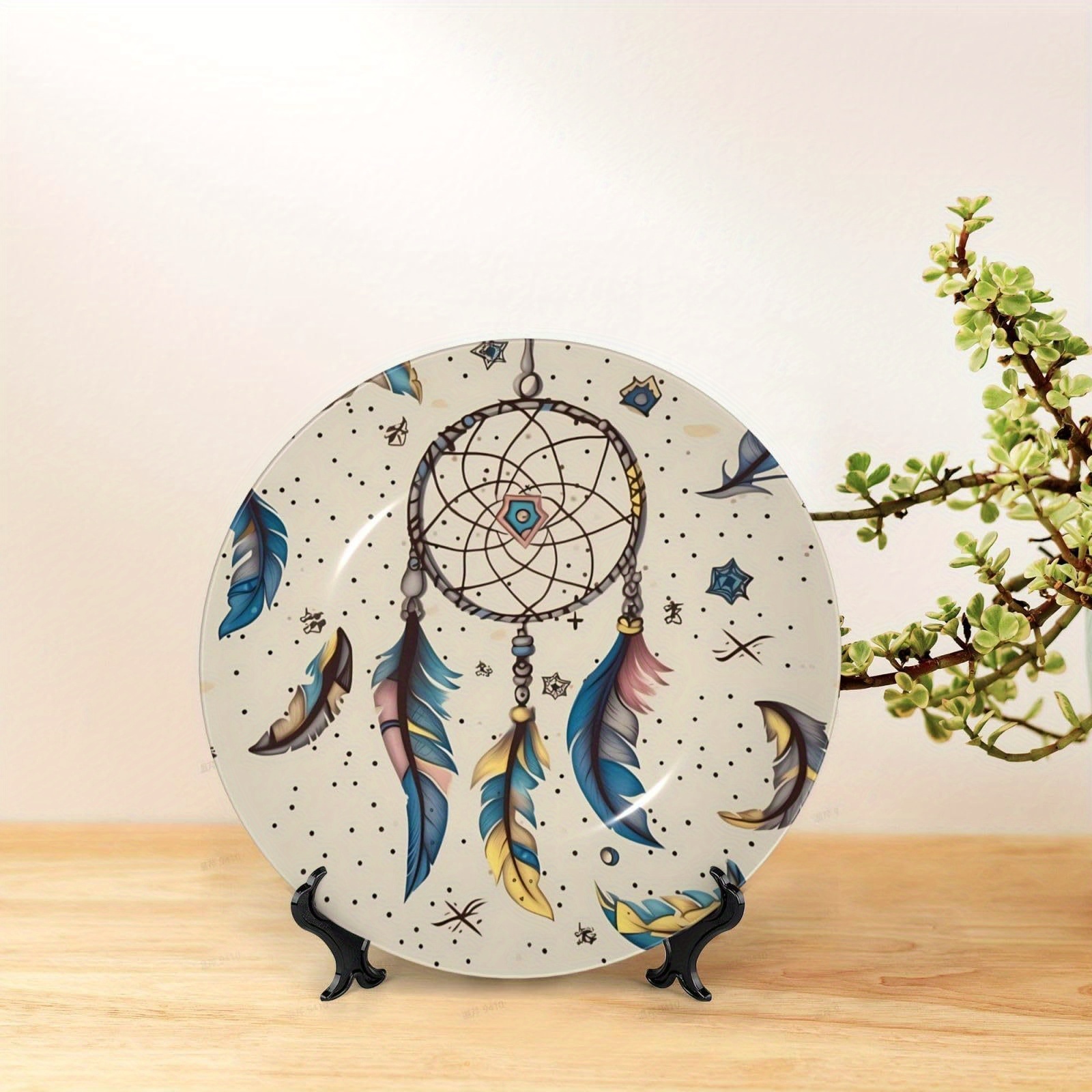 Large Ceramic Decorative Plate With Display Stand 10 Inch Round Plate For Home Decor, Wall Hanging, Table Decor Retro Mandala Design Perfect For