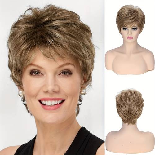 cut wig short wigs for women short straight synthetic hair wigs cut wig with bangs short curly layered wig for middle aged and elderly women