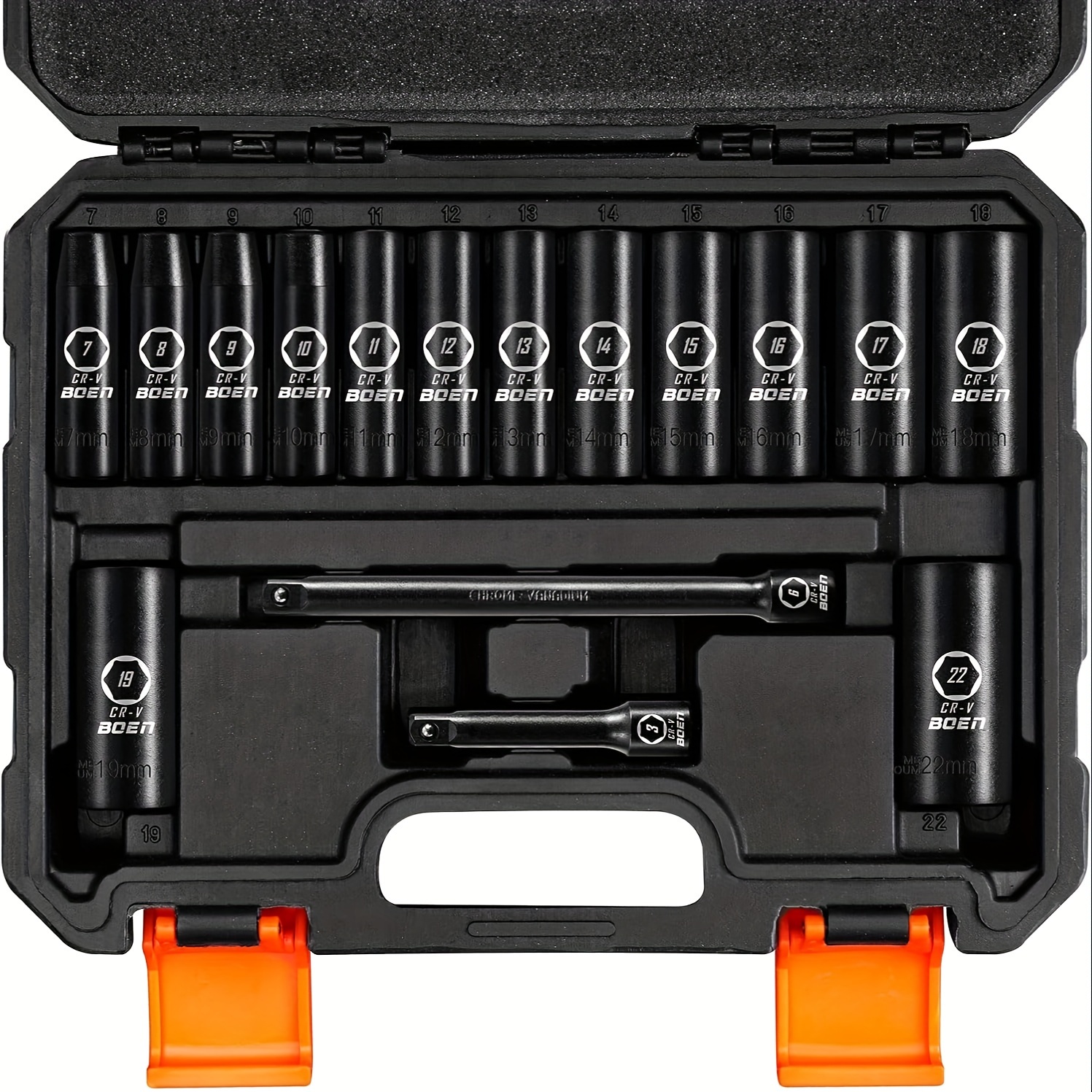 

Boen 3/8" Drive Deep Impact Socket Set, 16pcs Metric Socket Set(7mm To 22mm)/15pcs Sae Socket Set(1/4" To 1"), Includes 3", 6" Extension Bars, 6 , Cr-, Heavy Duty Storage Case