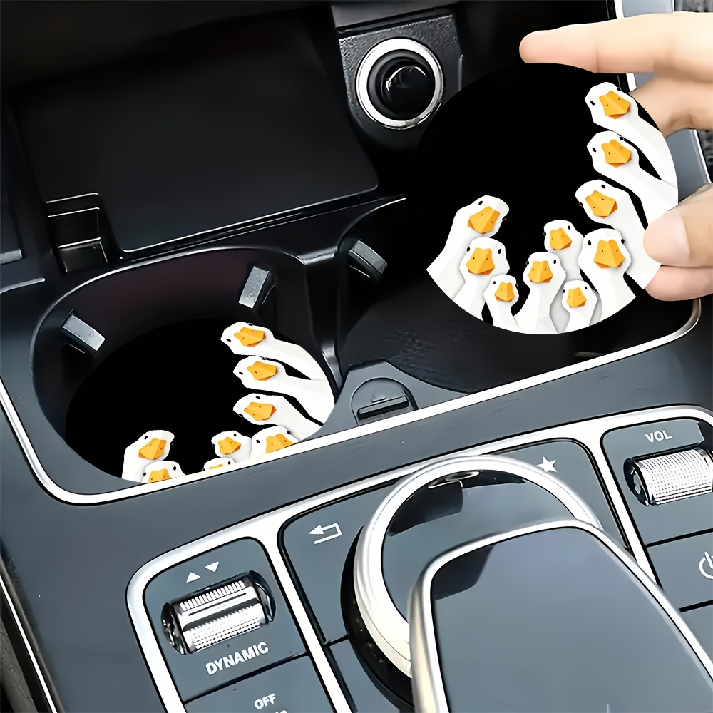 TEMU 2pcs White Ducks Car Cup Holder Coasters - Absorbent Suitable For , Black Background With -themed, Fit For Vehicle Cup Holders, Auto Accessories