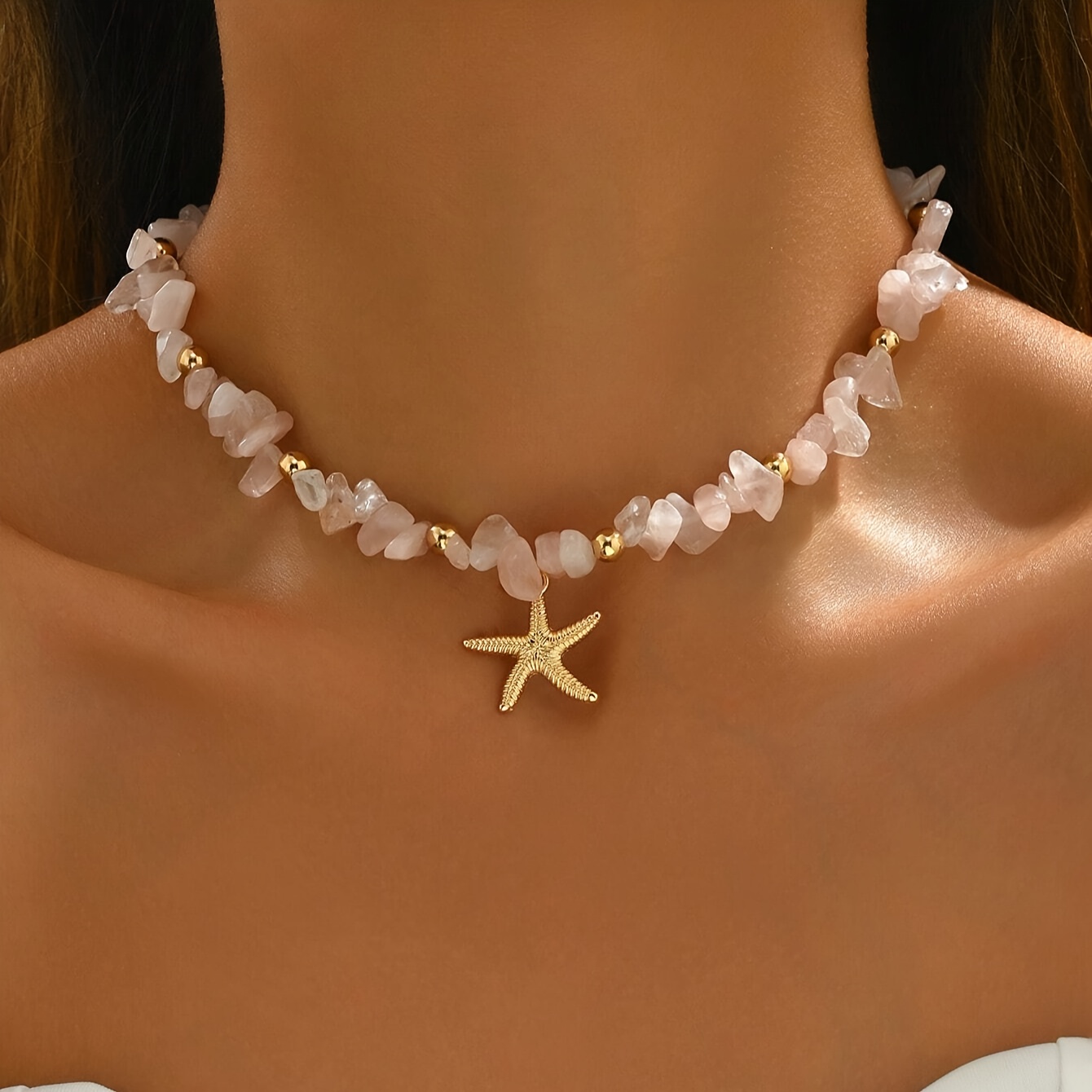 TEMU 1pc Fashion Starfish Bohemian Summer Necklace Delicate Golden-tone Chain For Women April Birthstone Jewelry