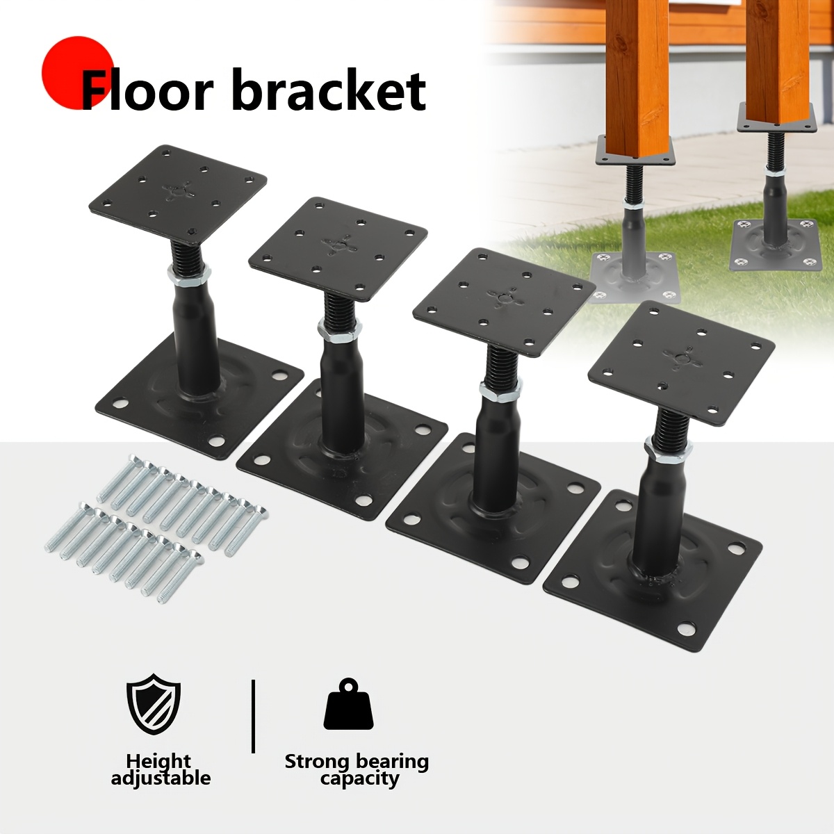 Image of Set Of 4 Adjustable Post Brackets, Measuring 75 X 95 Mm, Designed To Support Fences, Shelters, Carports, Pergolas, And Construction Projects, In Black