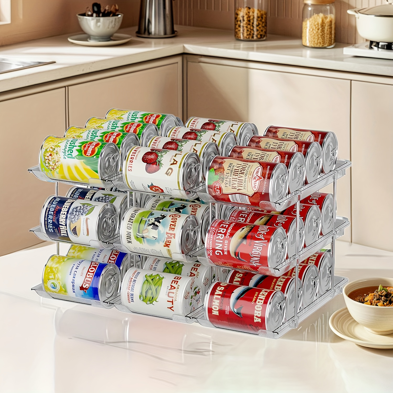 TEMU 4-season Large Capacity Space Saving Canned Food Storage Rack -3 Layers/3 Sets, Stackable Storage Rack, Suitable For Canned Soda, Soup,