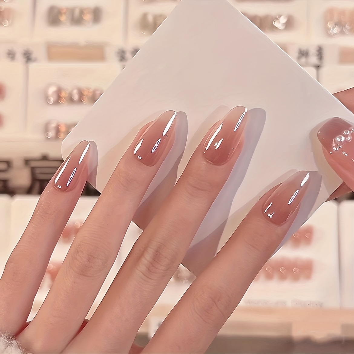 TEMU 10 Stück Nude Ombre Ovale Lange Aufdrück-Nägel, Super Glänzende Glänzende Falsche Nägel, Wiederverwendbare Salon-Qualität Tragbare Nägel