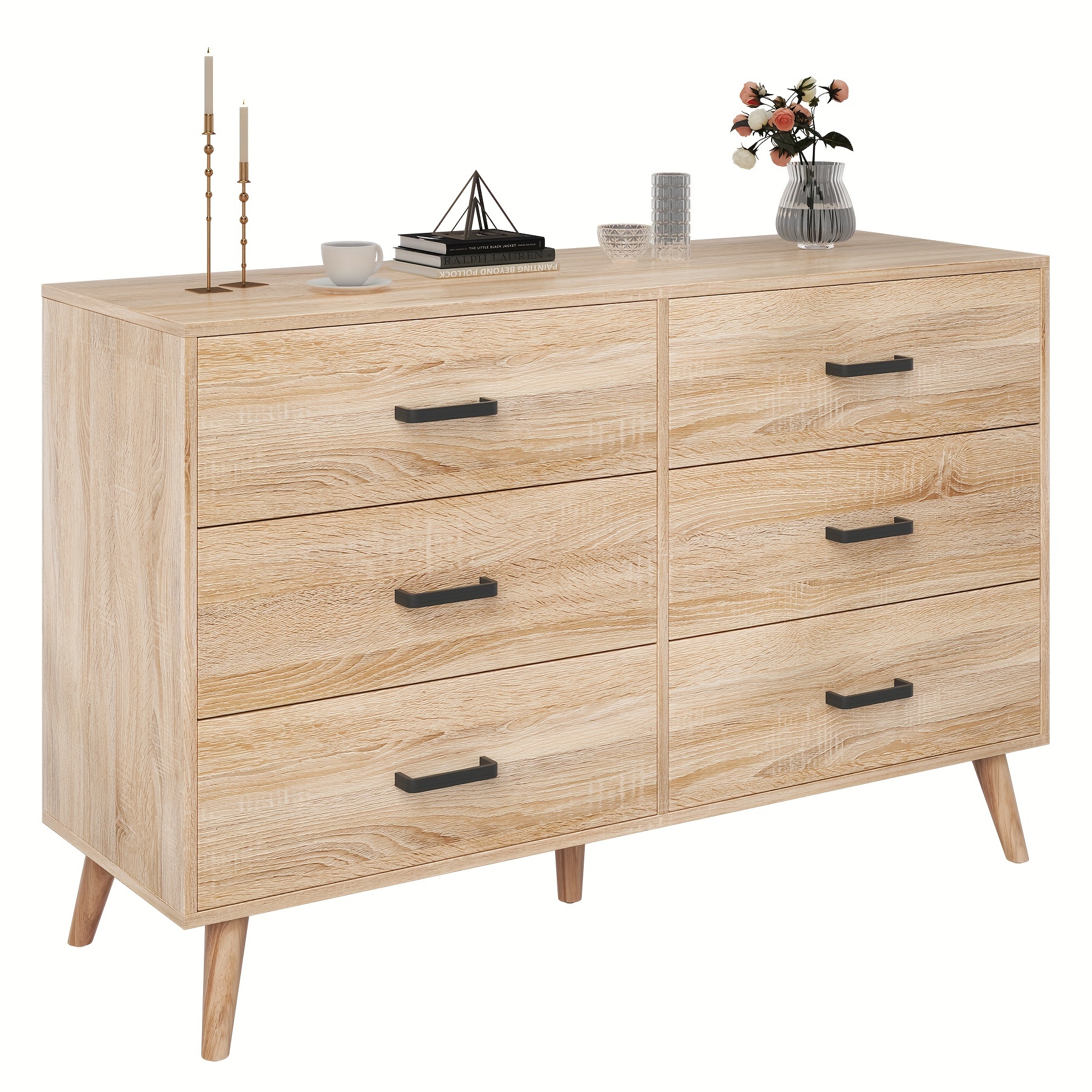 TEMU Winkalon Wood Dresser For Bedroom, 6 Drawer Dresser With Metal Handles, Dresser Double Chest Of Drawer Light Oak
