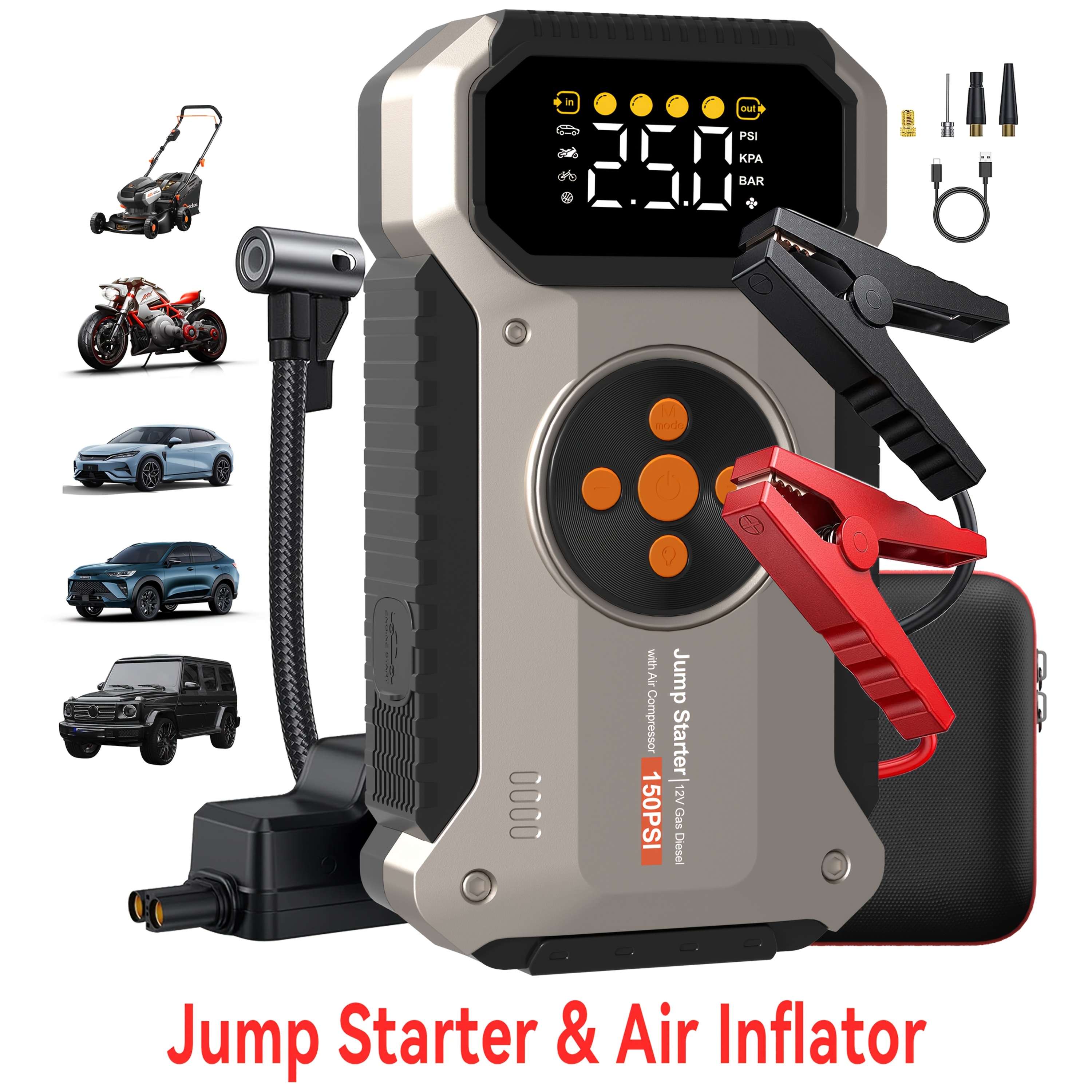 TEMU Démarreur de à compresseur d'air 12000A crête, démarreur de batterie de voiture portable avec gonfleur de pneu numérique 150 PSI, portable pour