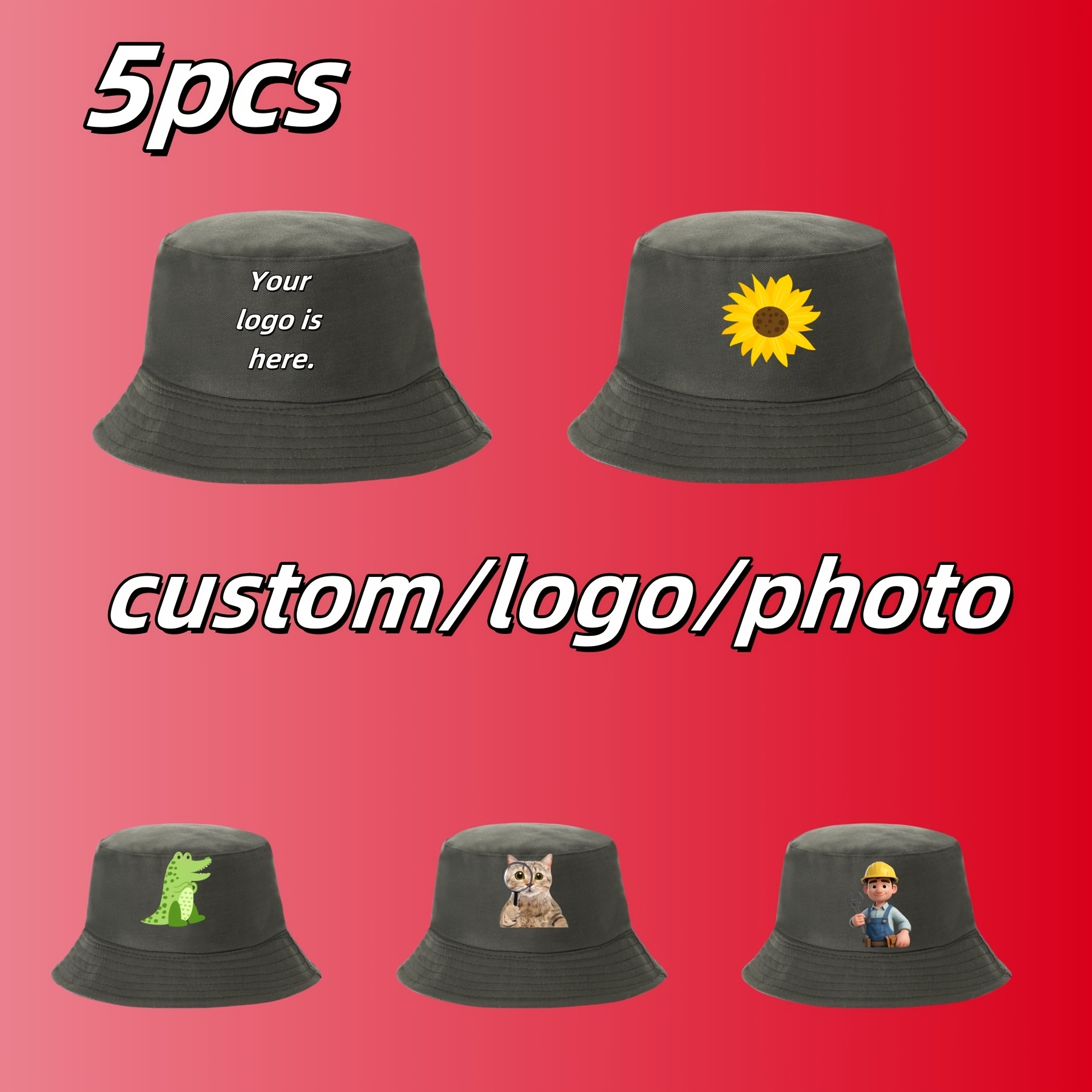 5pcs Custom Logo Double-Sided Bucket Hats