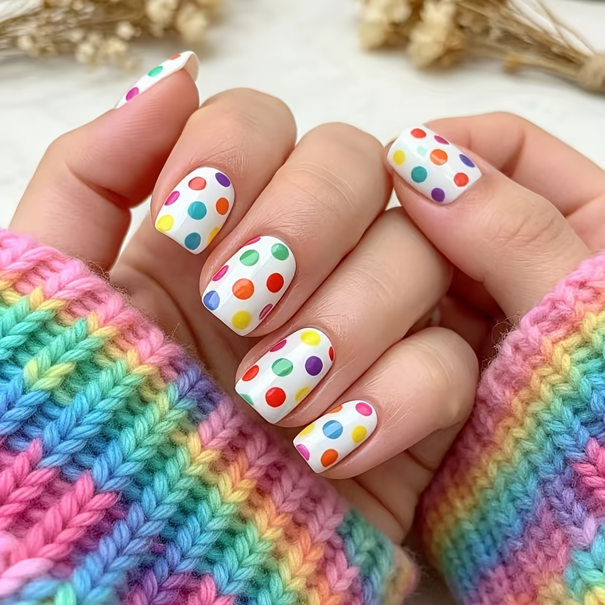 TEMU Short White And Colorful Polka Dot Press-on Nails, 24pcs - Cute, Fresh, And Sweet Detachable Reusable Wearable Nail Art Stickers, Convenient For