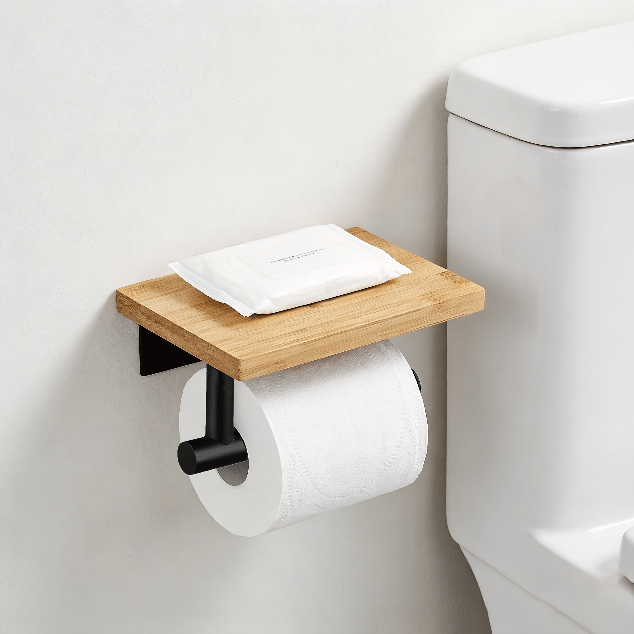 TEMU Porte-rouleau de papier toilette en bambou 1 pièce avec étagère pour téléphone, support de rangement pour papier toilette, porte-mouchoirs pour