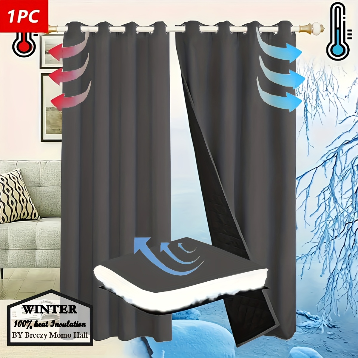 1pc Indoor Insulation And Thermal Curtains, Grommet Curtains, Suitable For Bedroom, Home, Study, Living Room, Etc. To And Cozy, Including Mezzanine, 100% Blackout