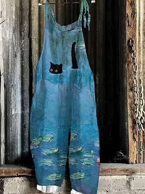 vintage style fashion jumpsuit with straps blue cat 0280