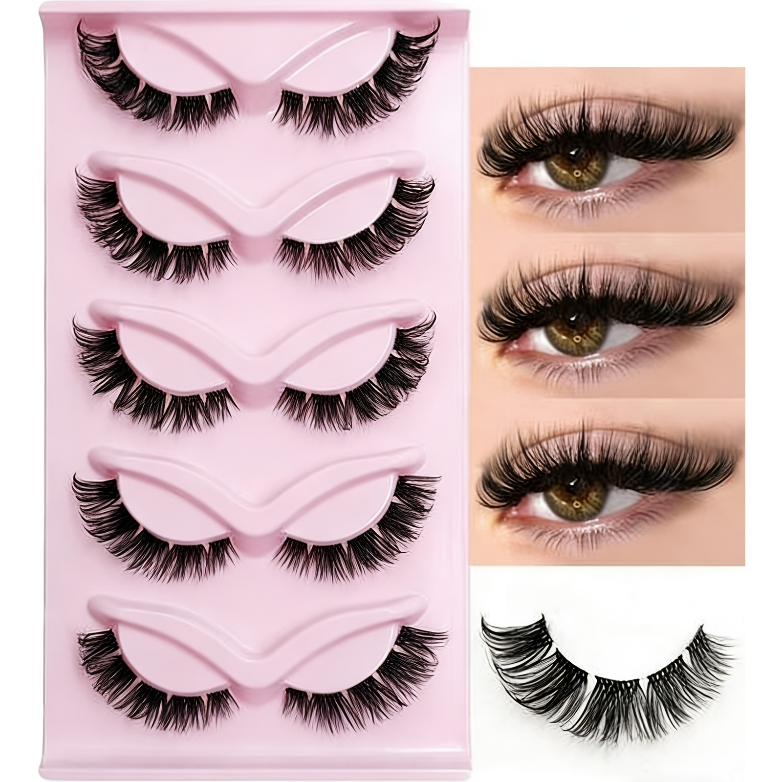 Image of 5 Pairs Of Cat-eye False Eyelashes, Mink-like False Eyelashes, Transparent Stem Lashes, , Fluffy Lashes, Full Strip Lashes, Suitable For Everyday Use, Natural, , , Thick, Extended At The Outer Corners