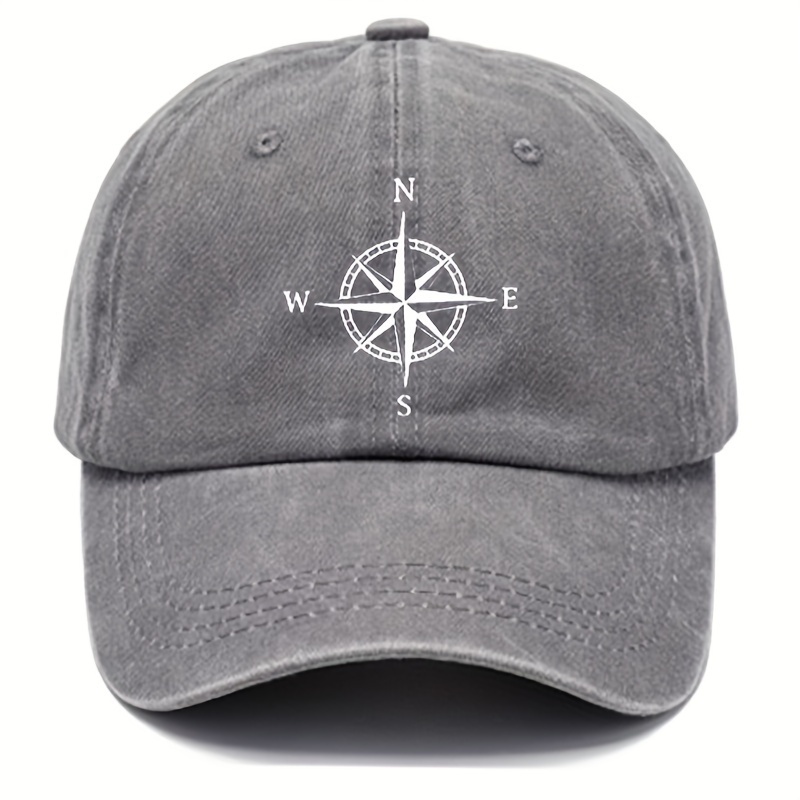 

Vintage Washed Cotton Baseball Cap With Compass Print, Unisex Distressed Dad Hat With Sun Protection, Adjustable Holiday-themed Casual Hat With Stripe Craftsmanship