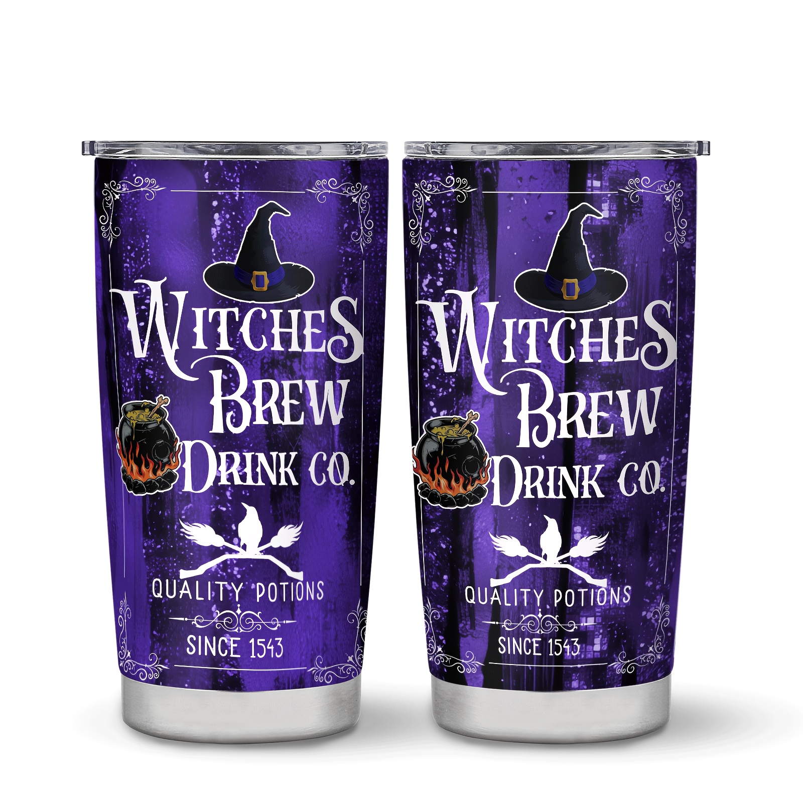 TEMU 1pc 20oz Vacuum Insulated Stainless Steel Tumbler Spill-proof Lid, Halloween Witch Cauldron Purple Gothic Print Coffee Mug, Hot Cold Drinks,