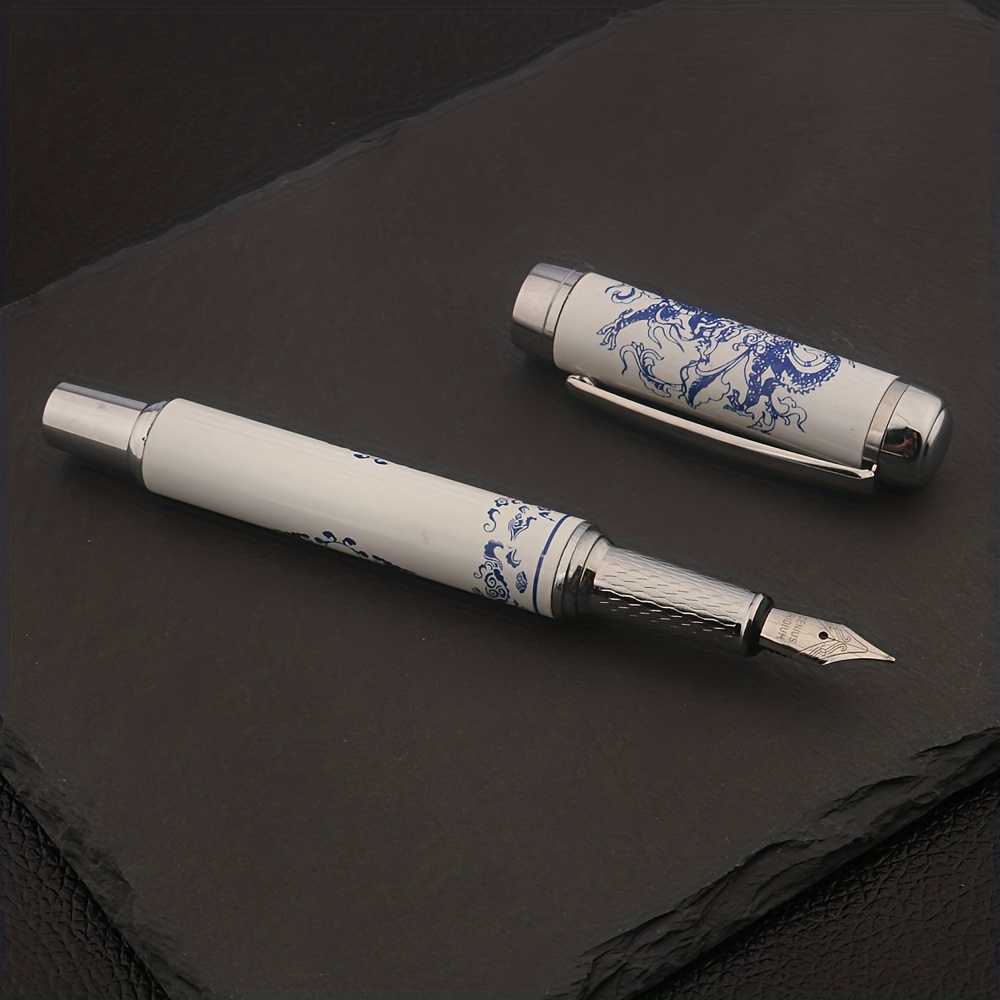TEMU Penna stilografica 1 pz con cinese, penna da ufficio in metallo stile porcellana blu e , pennino 0.5mm, adatta per ufficio, scuola, articoli per