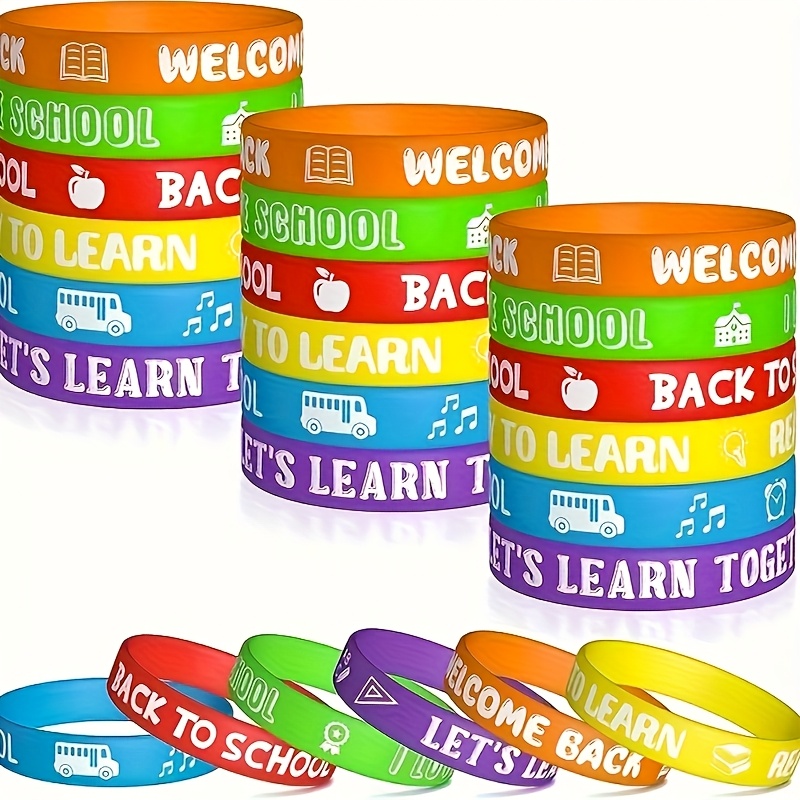 TEMU 24pcs Colorful Silicone Wristbands - "back To School" Design With School Bus, Books & Pencils - Parties, Rewards, And Gift Bags - Durable & Fun