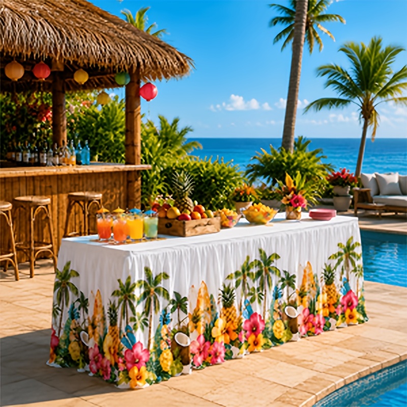 TEMU 1pc Tropical Hawaiian-style Table Skirt, Summer Luau-style Polyester Rectangular Pleated Table Skirt, Printed With Palm Trees, Surfboards,