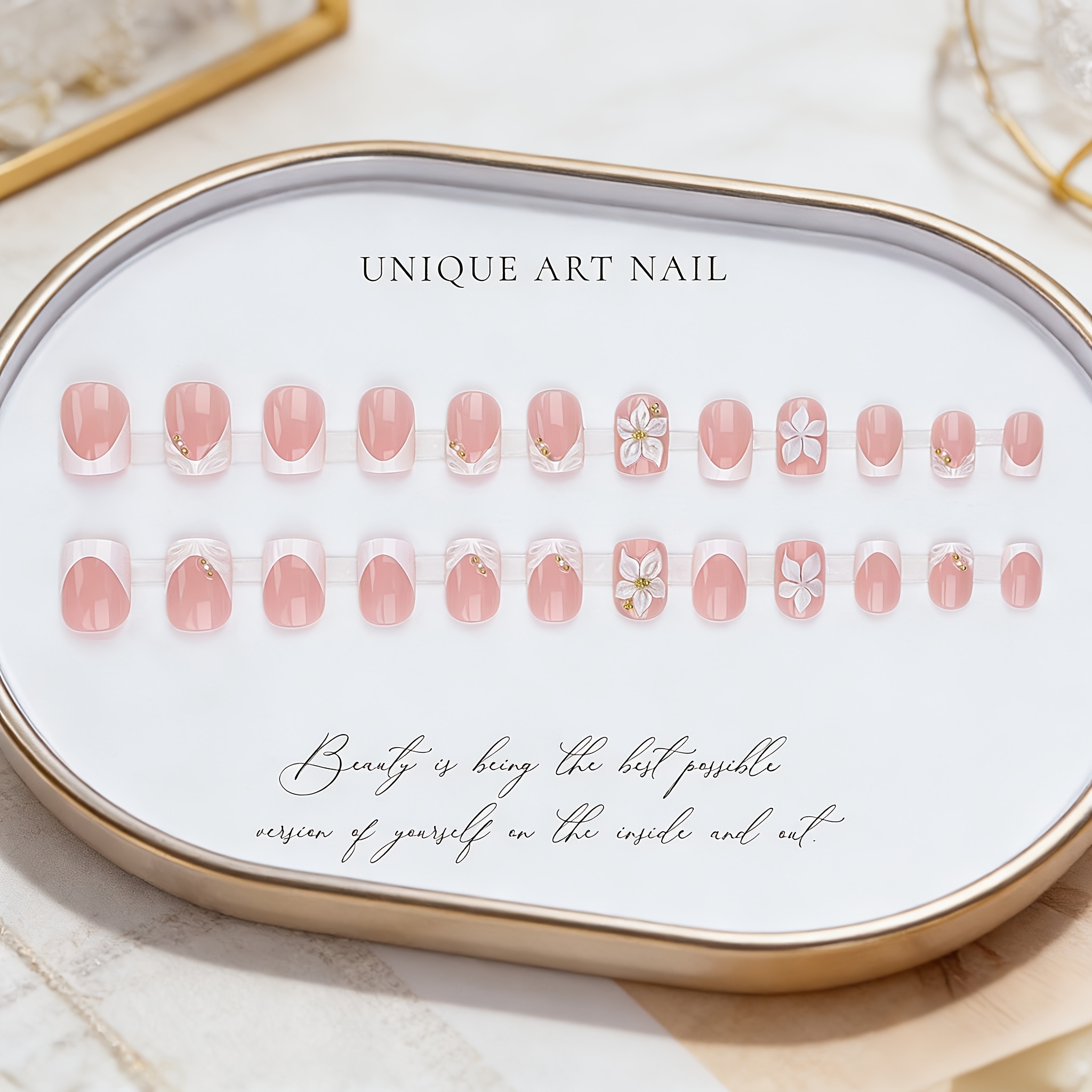 24pcs Translucent Nude On Nails, French Style With 3d Floral Accents, Minimalist Personalized Nail Art Tips, Reusable False Nails