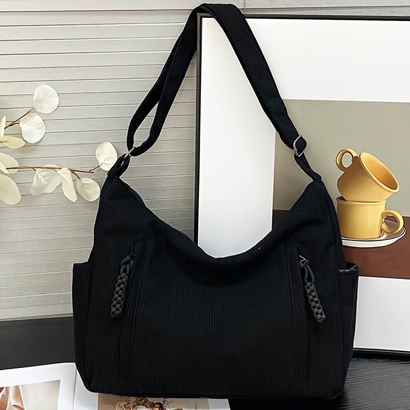 Image of New Women's Fashion Solid Soft Corduroy Crossbody Bag, Large Capacity Versatile Casual Tote, Multi-compartment Adjustable Strap Lightweight Shoulder Bag, Crescent Bag Work Bag
