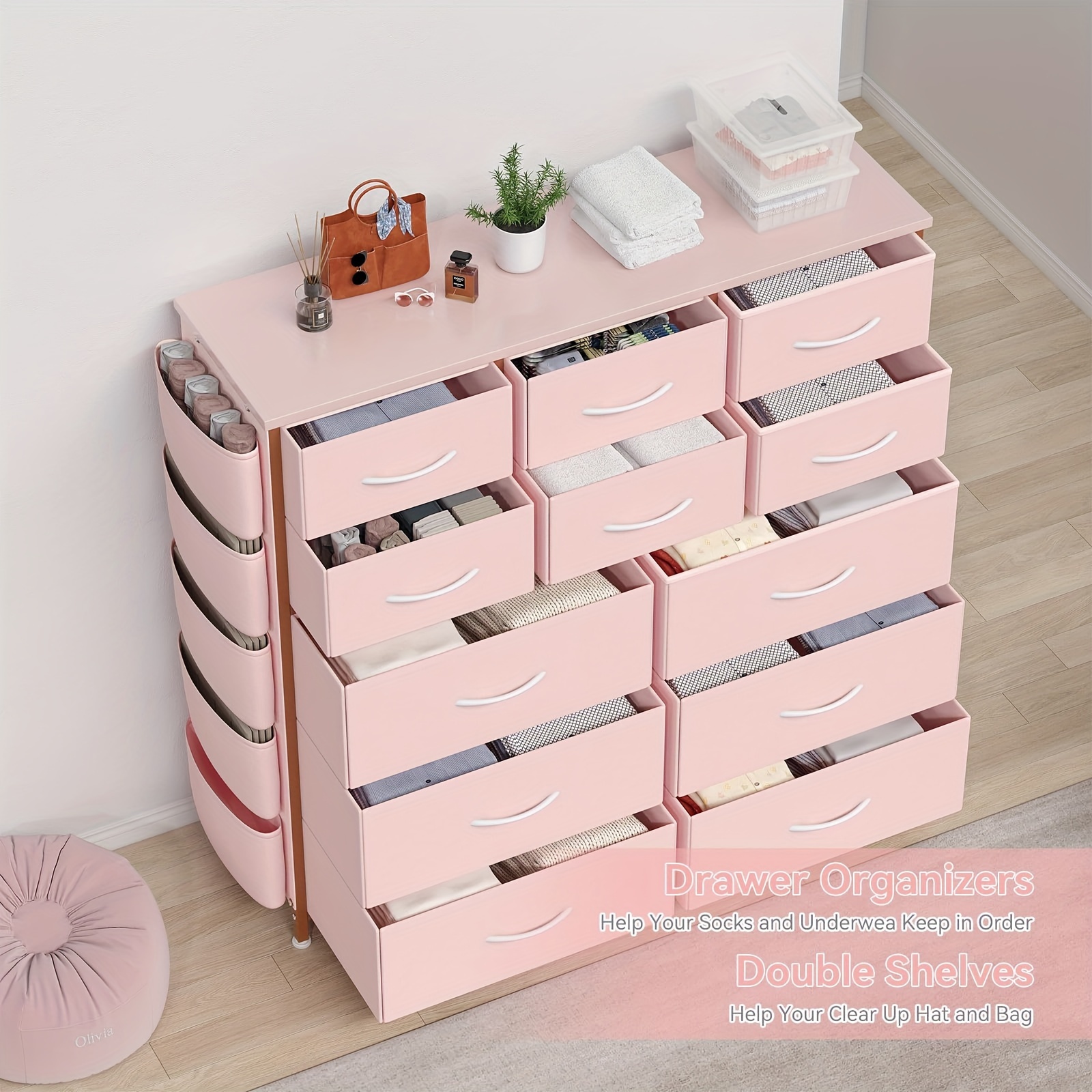 

12-drawer Pink Fabric Dresser With Wood Tabletop - Sturdy Metal Frame, Collapsible Storage Organizer For Bedroom, Closet, Entryway - Includes & Hooks, Easy , Dresser For Bedroom, Storage Drawer Units