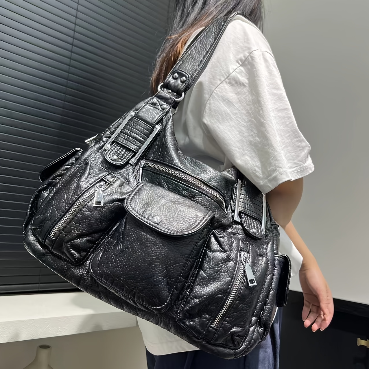 y2k style womens tote bag solid black synthetic leather - Temu