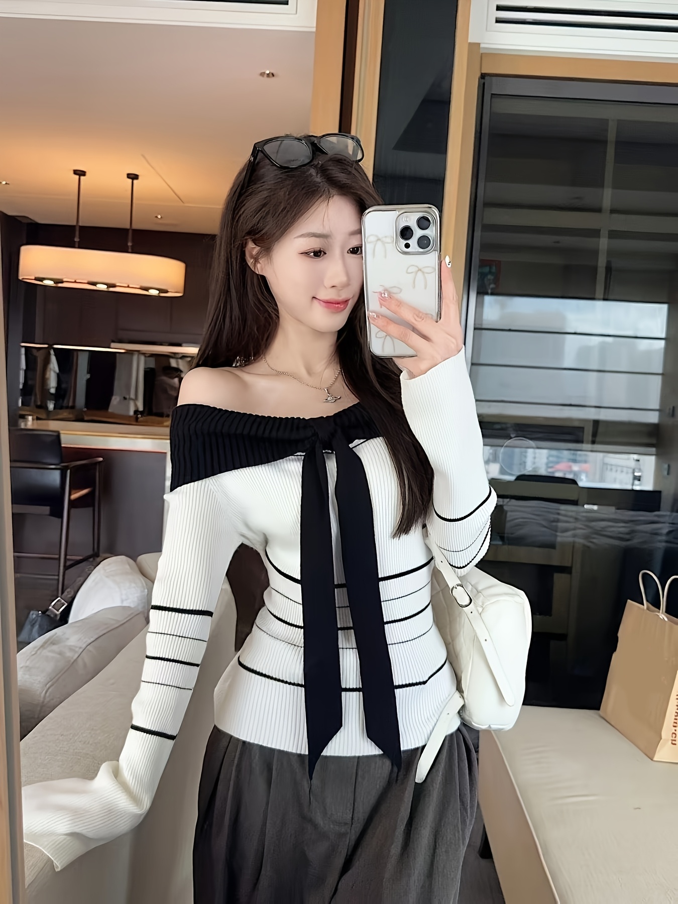 A Stylish Unique Shoulder Sweater Color Stripes