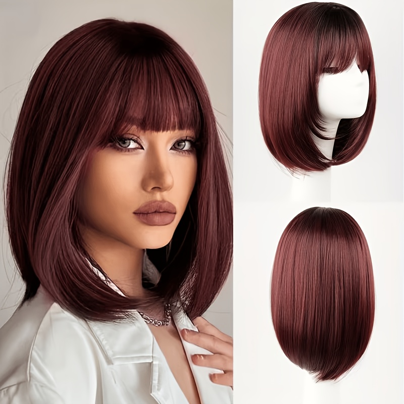 Image of 14-inch Short Bob Wig With Bangs For Women- Burgundy With , Straight Style, Glueless, High Density, Full Machine-made, Cap; Suitable For Daily Wear, Parties, And Cosplay.