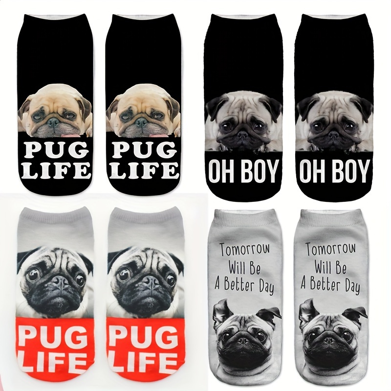 

4 Pairs Cute Pug Print Cartoon Dog Socks, Polyester Knit Fabric, Machine Washable, Soft Socks For Men And Women