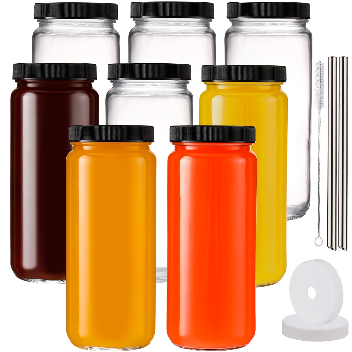 TEMU 8 Pack 16 Oz Glass Juice Bottles With Lid Seal Leak Proof, Glass Juice Bottles With Black Lids And Perforated White Lids, Glass For Juice, Cold
