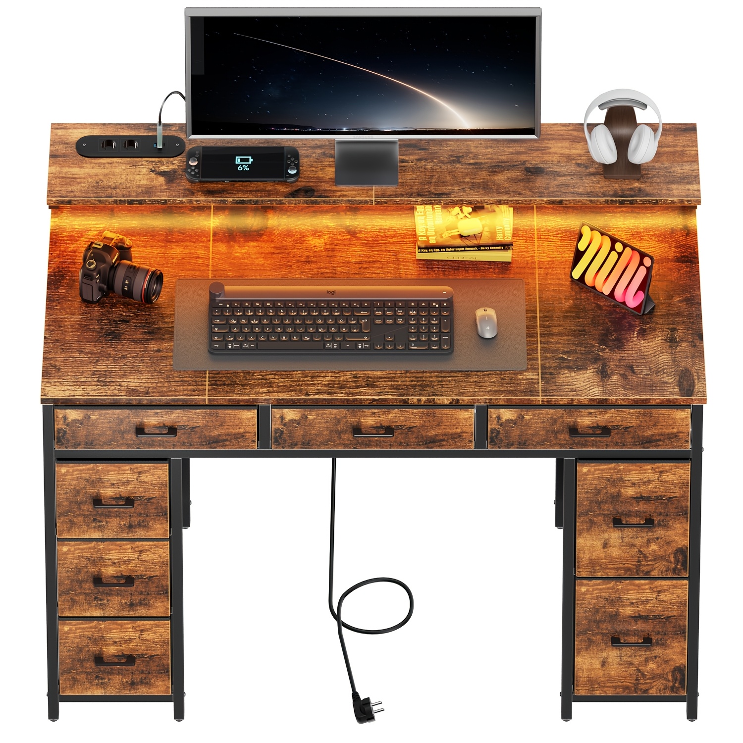 Hlfurninova Computer Desk With 8 Fabric Storage Drawers, Home Office Desk With Monitor Stand, Gaming Desk With Led Lights And Power Outlet, Bedroom Study Desk, 47 Inches