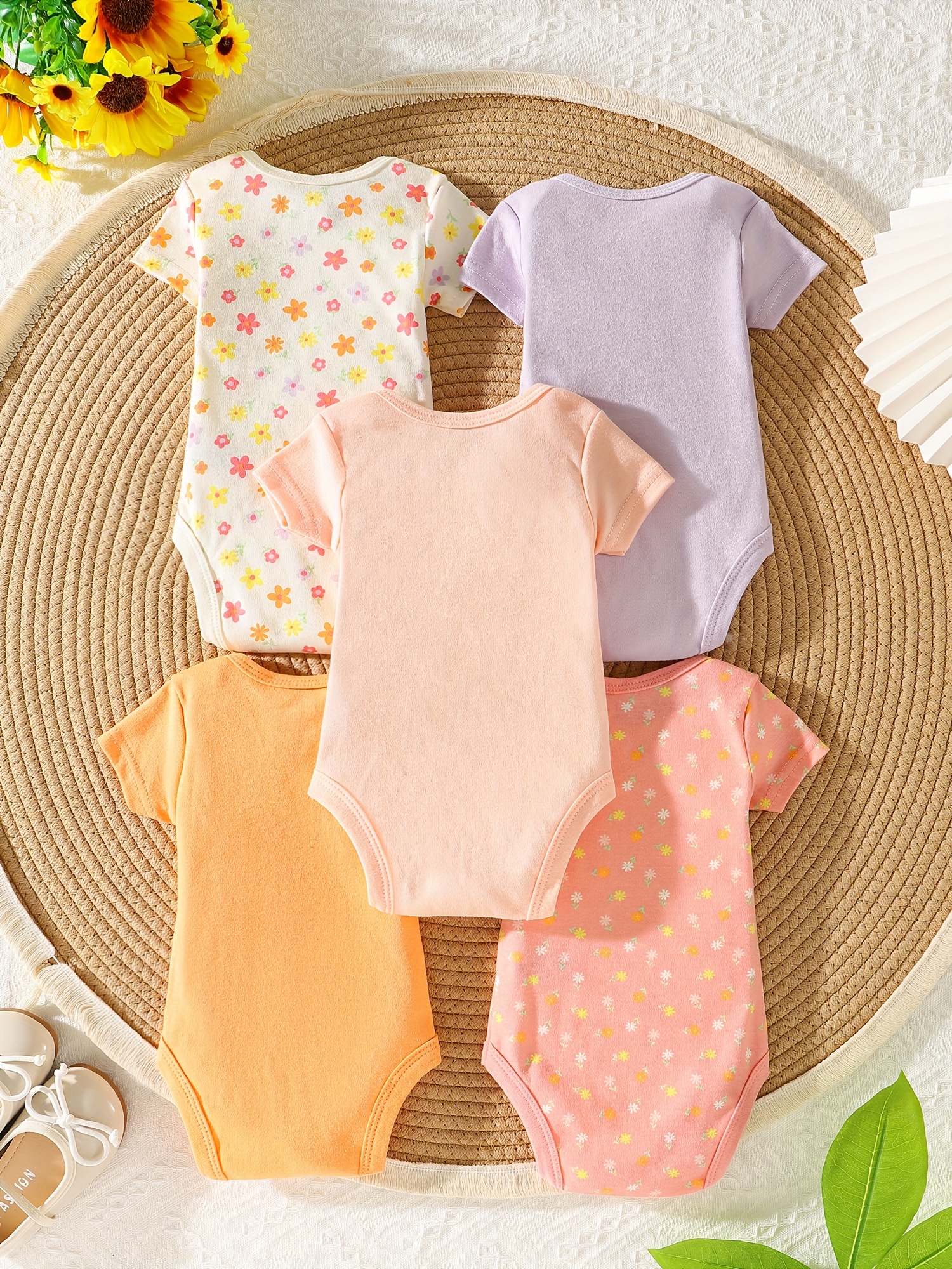 10pcs Newborn Baby Girl Outfits Set Floral Print Short Sleeve Smocks  Rompers, Soft Breathable Fabric with Snap Closure, Machine Washable