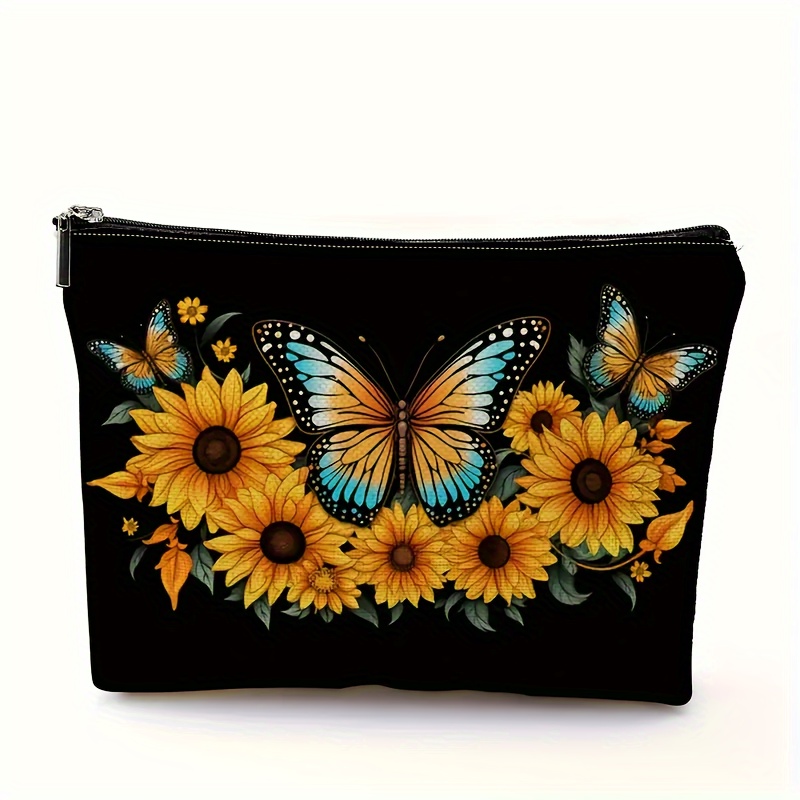 

Polyester Floral Cosmetic Bag For Women With Zipper - Sunflower And Butterfly Print, Travel Makeup Pouch, Stationery Organizer, Lady Gift, Non-waterproof, Unscented (1pc)