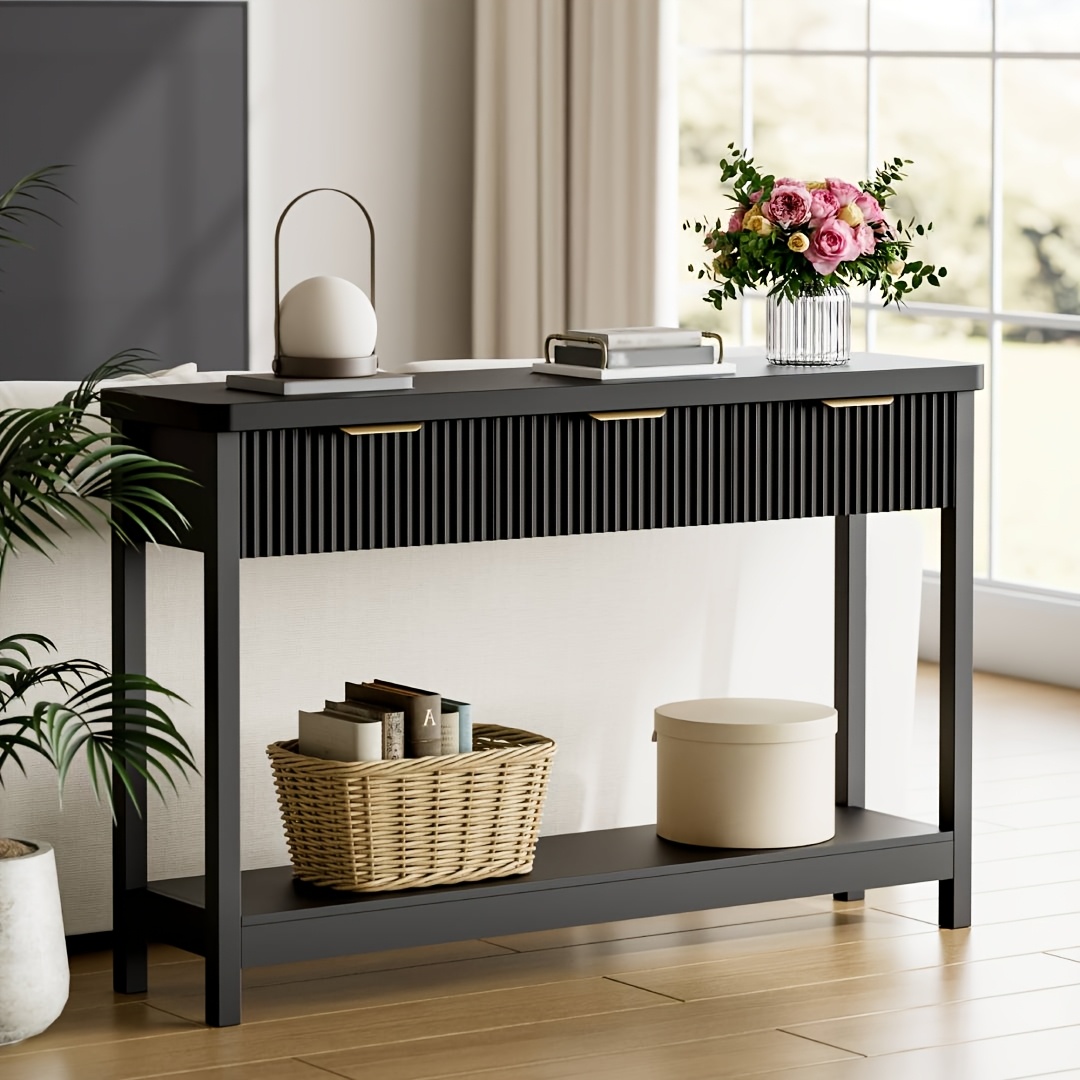 51 IN Fluted Console Table with 3 Drawers, Modern Entryway Table with Metal Handles, Sturdy Solid Wood Design, Hallway Table with Storage, for Living Room And Hallway